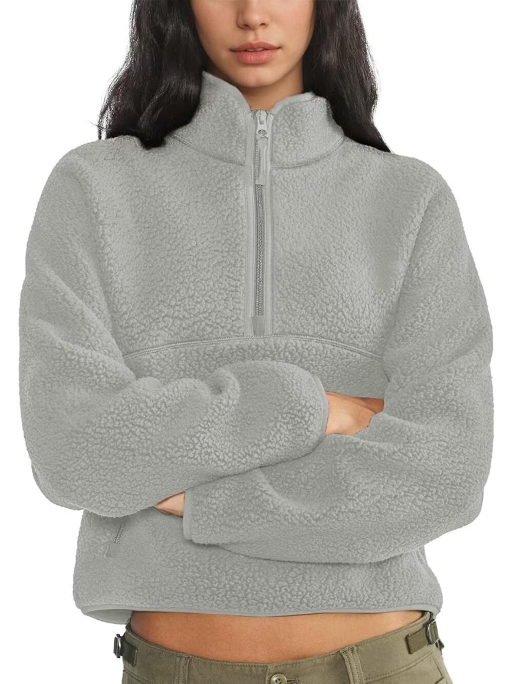 Women Grey 100% Polyester Mock-neck Fuzzy Sherpa Fleece Quarter Zip Sweatshirt